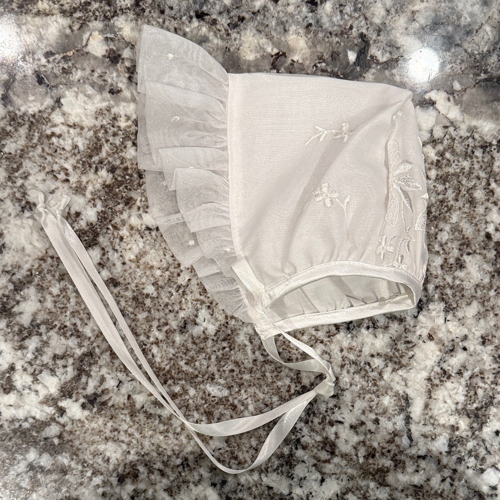 White Baby Bonnet with Embroidered Details vintage